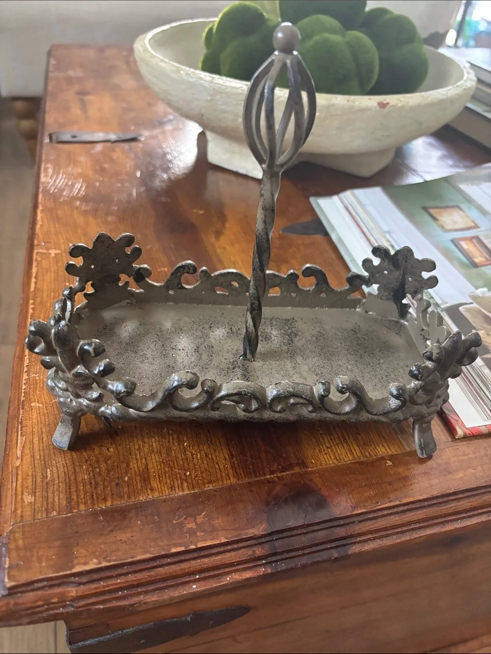 Vintage Ornate Cast Iron Handle Decorative Tray